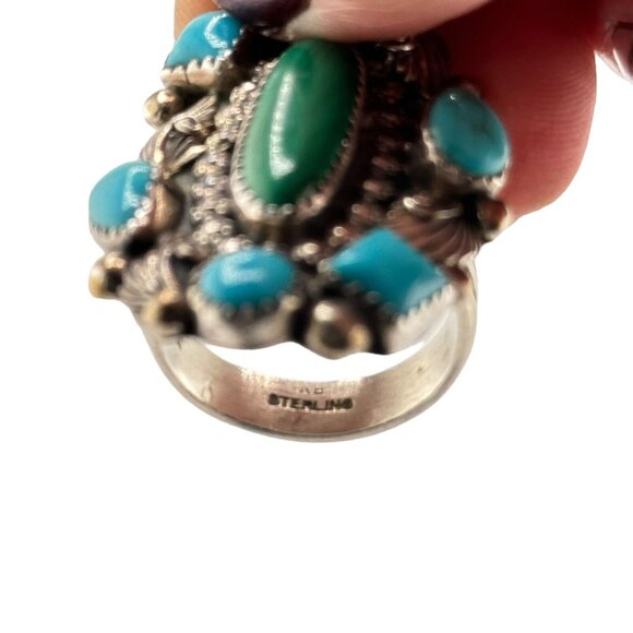 Sterling Silver Richard Begay Native American Turquoise Malachite Ring Sz.11 - Picture 7 of 11